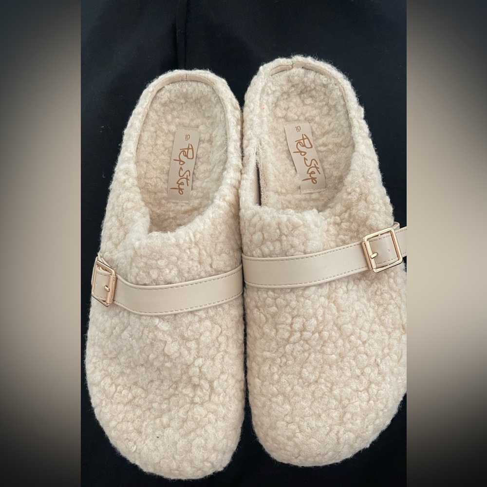 Bershka Cream Fuzzy Slip-On Shoes with Gold Buckle faux sheep